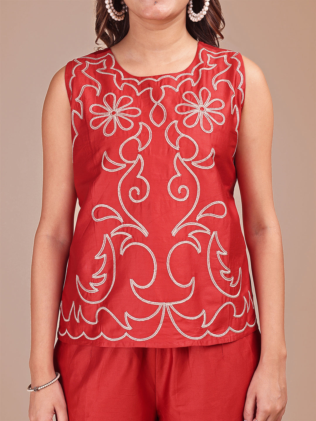 Rust Colored Jam Cotton With Cheeku Color Stylized Embroidery Co-ord Set